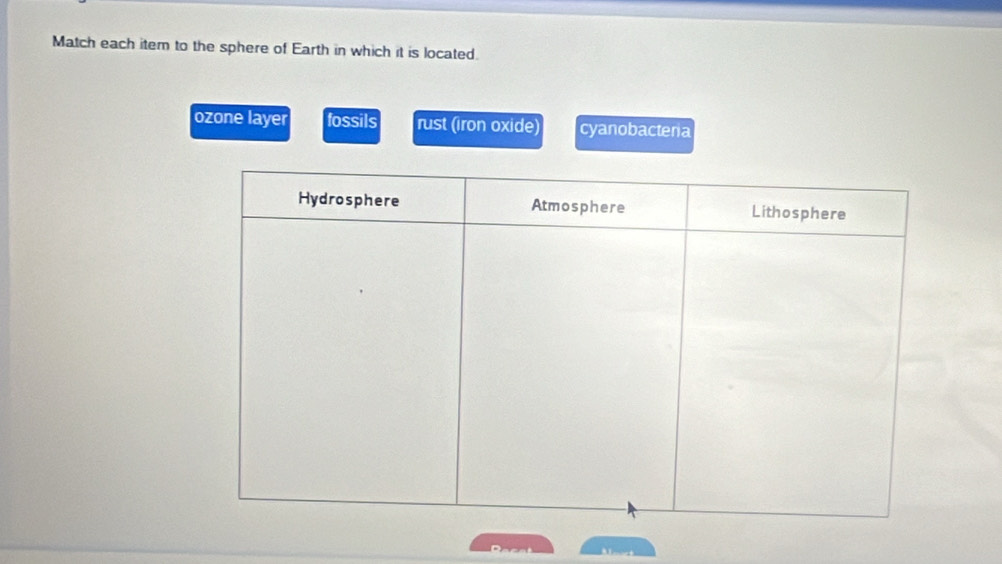 Match each item to the sphere of Earth in which it is located.
ozone layer fossils rust (iron oxide) cyanobactena