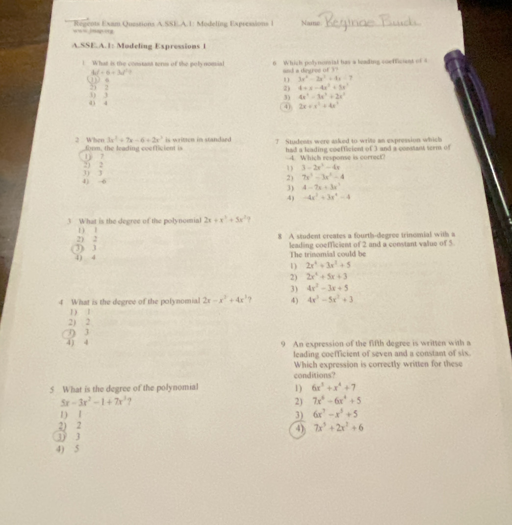 Solved: Regeots Exam Questions A.SSE.A.1: Modeling Expressions 1 Name ...