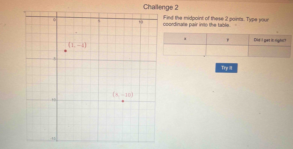 Challenge 2
Find the midpoint of these 2 points. Type your
coordinate pair into the table.
Try It