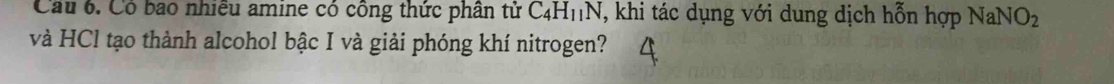 Cầu 6. Có bao nhiều amine có công thức phần tử C_4H_11N V, khi tác dụng với dung dịch hỗn hợp NaNO_2
và HCl tạo thành alcohol bậc I và giải phóng khí nitrogen?