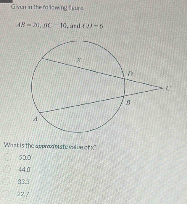 Given in the following figure.
AB=20, BC=10 , and CD=6
What is the approximate value of x?
50.0
44.0
33.3
22.7