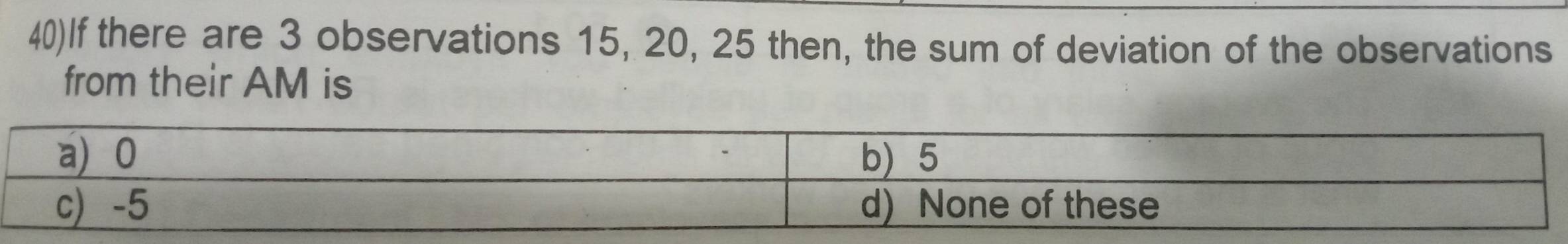 Solved: 40)If there are 3 observations 15, 20, 25 then, the sum of ...