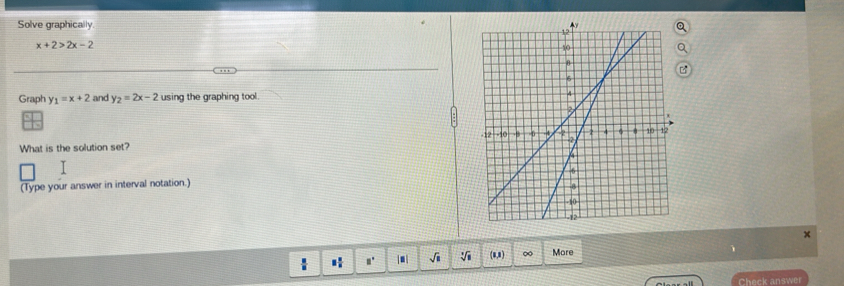 Solve graphically.
x+2>2x-2
Graph y_1=x+2 and y_2=2x-2 using the graphing tool. 
What is the solution set? 

(Type your answer in interval notation.) 
|■| √ V (8,8) ∞ More
Check answer