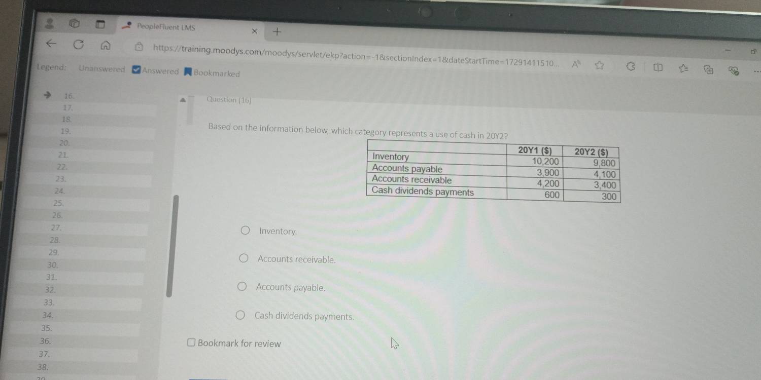 PeopleFluent LMS 
× + 
https://training.moodys.com/moodys/servlet/ekp?action=-1&sectionIndex=1&dateStartTime=17291411510... 
Legend: Unanswered Answered Bookmarked 
16. Question (16) 
A 
17. 
18. Based on the information below, which category represents a use of cash in 20Y2? 
19. 
20. 
21 
22. 
23. 
24. 
25. 
26. 
27. Inventory. 
28. 
29. Accounts receivable. 
30, 
31. 
32. Accounts payable. 
33. 
34. Cash dividends payments. 
35. 
36. Bookmark for review 
37. 
38.