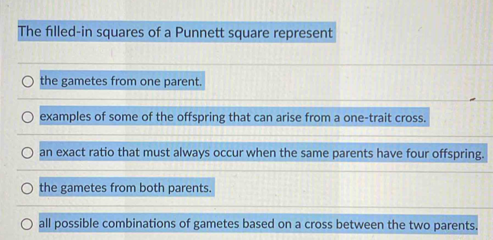 Solved: The filled-in squares of a Punnett square represent the gametes ...