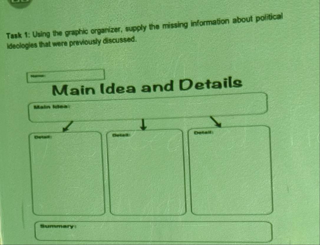 Task 1: Using the graphic organizer, supply the missing information about political 
ideologies that were previously discussed. 
Main Idea and Details 
Main Idea: 
Cetat Cetall Detall 
Summary