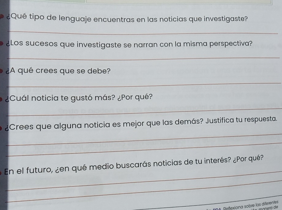 ¿Qué tipo de lenguaje encuentras en las noticias que investigaste? 
_ 
¿Los sucesos que investigaste se narran con la misma perspectiva? 
_ 
¿A qué crees que se debe? 
_ 
¿Cuál noticia te gustó más? ¿Por qué? 
_ 
_ 
¿Crees que alguna noticia es mejor que las demás? Justifica tu respuesta. 
_ 
_ 
En el futuro, ¿en qué medio buscarás noticias de tu interés? ¿Por qué? 
_ 
_ 
Refexiona sobre las diferentes 
máñera de