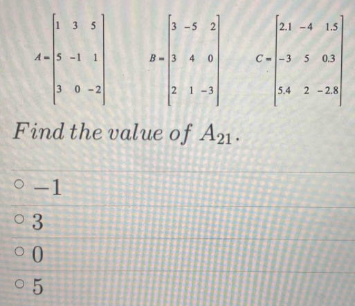 Find the value of A_21.
-1
3
0
5