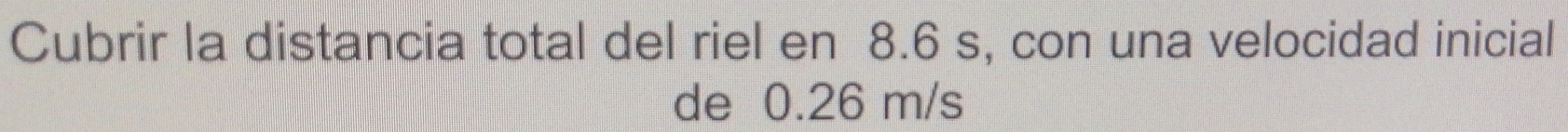 Cubrir la distancia total del riel en 8.6 s, con una velocidad inicial 
de 0.26 m/s