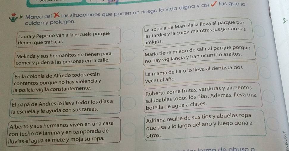 Marca así « las situaciones que ponen en riesgo la vida digna y así ] las que la
cuidan y protegen.
Laura y Pepe no van a la escuela porque La abuela de Marcela la lleva al parque por
2.
las tardes y la cuida mientras juega con sus
tienen que trabajar. amigos.
Melinda y sus hermanitos no tienen para
María tiene miedo de salir al parque porque
comer y piden a las personas en la calle.
no hay vigilancia y han ocurrido asaltos.
En la colonia de Alfredo todos están
La mamá de Lalo lo lleva al dentista dos
contentos porque no hay violencia y
veces al año.
la policía vigila constantemente.
Roberto come frutas, verduras y alimentos
El papá de Andrés lo lleva todos los días a saludables todos los días. Además, lleva una
la escuela y le ayuda con sus tareas.
botella de agua a clases.
Alberto y sus hermanos viven en una casa Adriana recibe de sus tíos y abuelos ropa
con techo de lámina y en temporada de que usa a lo largo del año y luego dona a
lluvias el agua se mete y moja su ropa. otros.
G