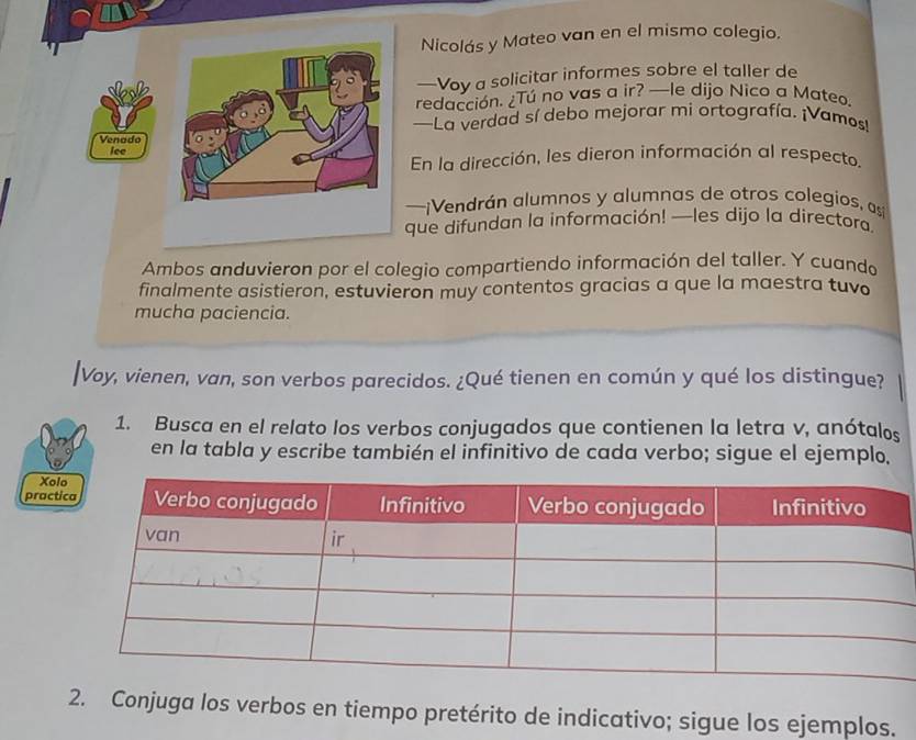 Nicolás y Mateo van en el mismo colegio. 
—Voy a solicitar informes sobre el taller de 
redacción. ¿Tú no vas a ir? —le dijo Nico a Mateo. 
—La verdad sí debo mejorar mi ortografía. ¡Vamos! 
Venado 
ice 
En la dirección, les dieron información al respecto. 
—¡Vendrán alumnos y alumnas de otros colegios, as 
que difundan la información! —les dijo la directora. 
Ambos anduvieron por el colegio compartiendo información del taller. Y cuando 
finalmente asistieron, estuvieron muy contentos gracias a que la maestra tuvo 
mucha paciencia. 
|Voy, vienen, van, son verbos parecidos. ¿Qué tienen en común y qué los distingue? 
1. Busca en el relato los verbos conjugados que contienen la letra v, anótalos 
en la tabla y escribe también el infinitivo de cada verbo; sigue el ejemplo, 
Xo 
prac 
2. Conjuga los verbos en tiempo pretérito de indicativo; sigue los ejemplos.