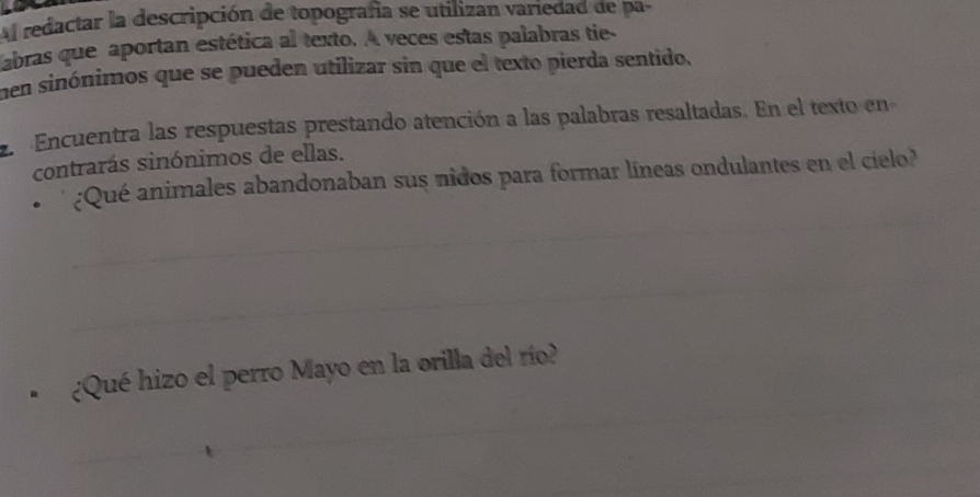 Al redactar la descripción de topografía se utilizan variedad de pa 
abras que aportan estética al texto. A veces estas palabras tie- 
men sinónimos que se pueden utilizar sin que el texto pierda sentido, 
Encuentra las respuestas prestando atención a las palabras resaltadas. En el texto en 
contrarás sinónimos de ellas. 
¿Qué animales abandonaban sus nidos para formar líneas ondulantes en el cielo? 
_ 
_ 
¿Qué hizo el perro Mayo en la orilla del río? 
_