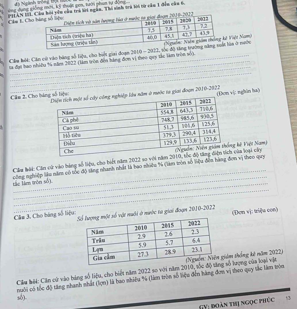 Ngành trồng trột huộc 
ứng dụng giống mới, kỹ thuật gen, tưới phun tự động... 
PHAN III hỏi yêu cầu trả lời ngắn. Thí sinh trả lời từ câu 1 đến câu 6. 
Câu 1. Ch 
Việt Nam) 
a 
Câu hỏi: Căn cứ vào bảng số liệu, cho biết giai đoạn 2010 - 2022,úa ở nước 
_ 
ta đạt bao nhiêu % năm 2022 (làm tròn đến hàng đơn vị theo quy tắc làm tròn số). 
_ 
_ 
_ 
_ 
lâu năm ở nước ta giai đoạn 2010-2022 
Câu 2. Cho bảng số liệu: 
(Đơn vị: nghìn ha) 
h 
g kê Việt Nam) 
_ 
Câu hỏi: Căn cứ vào bảng số liệu, cho biết năm 2022 so với n của loại cây 
_ 
công nghiệp lâu năm có tốc độ tăng nhanh nhất là bao nhiêu % (làm tròn số liệu đến hàng đơn vị theo quy 
tắc làm tròn số). 
_ 
(Đơn vị: triệu con) 
ố vật nuôi ở nước ta giai đoạn 2010-2022 
Câu 3. Cho bảng số liệu: 
giám thống kê năm 2022) 
Câu hỏi: Căn cứ vào bảng số liệu, cho biết năm 2022 so với năm 2010, t số lượng của loại vật 
nuôi có tốc độ tăng nhanh nhất (lợn) là bao nhiêu % (làm tròn số liệu đến hàng đơn vị theo quy tắc làm tròn 
số). 13 
GV: đoàN tHị NGọc phÚc