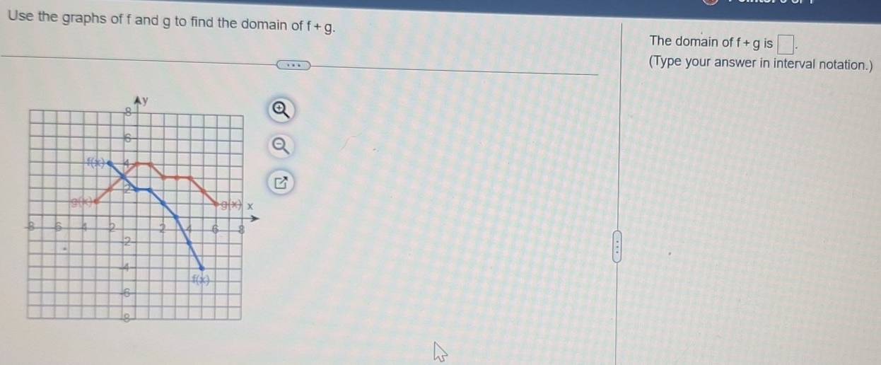 Use the graphs of f and g to find the domain of f+g. f+g is □. 
The domain of 
(Type your answer in interval notation.) 
Ay
8
6
f(x) 4
2
g(x)
g(x) x
8 6 4 2 2 4 6 8
2.
-4
f(x)
6
8