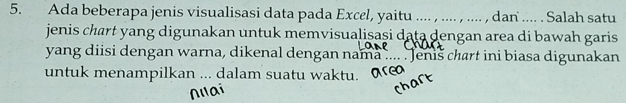 Ada beberapa jenis visualisasi data pada Excel, yaitu .... , .... , .... , dan .... . Salah satu 
jenis chart yang digunakan untuk memvisualiṣaşi data dengan area di bawah garis 
yang diisi dengan warna, dikenal dengan nama .... . Jenis chart ini biasa digunakan 
untuk menampilkan ... dalam suatu waktu.