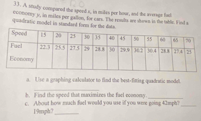 A study compared the speed x, in miles per hour, and the average fuel 
economy y, in miles per gallon, for cars. The results are shown in the table. Find a 
quadratic model in standard form for the data 
a. Use a graphing calculator to find the best-fitting quadratic model. 
_ 
b. Find the speed that maximizes the fuel economy._ 
c. About how much fuel would you use if you were going 42mph?_
19mph?_