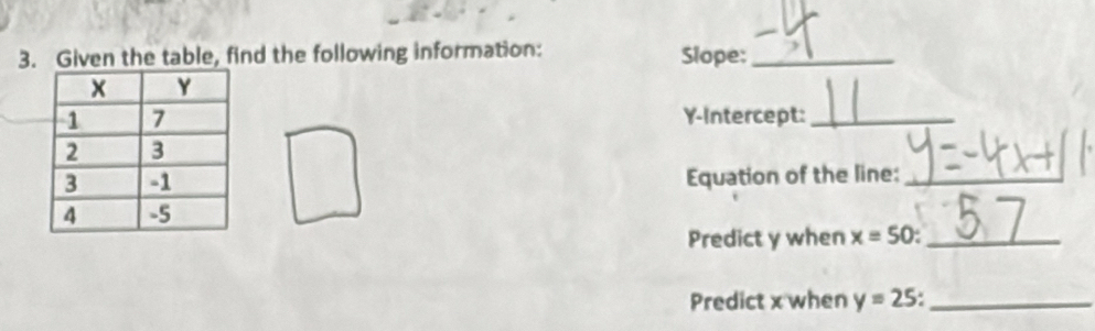 Given the table, find the following information: Slope:_ 
Y-Intercept:_ 
Equation of the line:_ 
Predict y when x=50 _ 
Predict x when y=25 : _