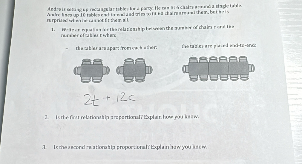 Andre is setting up rectangular tables for a party. He can fit 6 chairs around a single table. 
Andre lines up 10 tables end-to-end and tries to fit 60 chairs around them, but he is 
surprised when he cannot fit them all. 
1. Write an equation for the relationship between the number of chairs c and the 
number of tables t when: 
the tables are apart from each other: the tables are placed end-to-end: 
2. Is the first relationship proportional? Explain how you know. 
3. Is the second relationship proportional? Explain how you know.