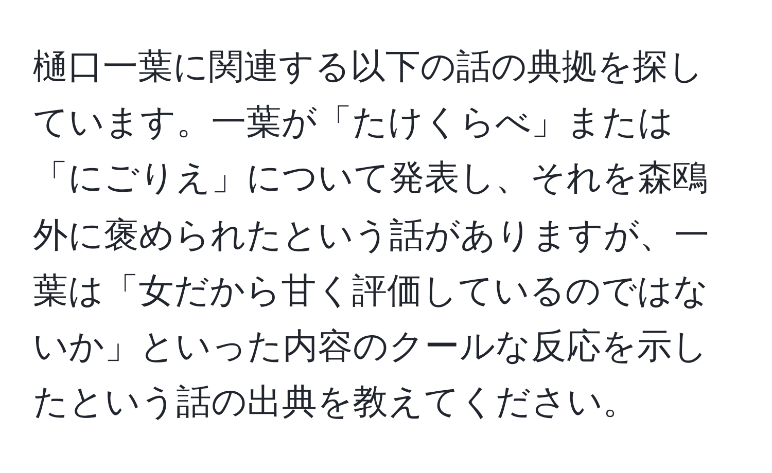 樋口一葉に関連する以下の話の典拠を探しています。一葉が「たけくらべ」または「にごりえ」について発表し、それを森鴎外に褒められたという話がありますが、一葉は「女だから甘く評価しているのではないか」といった内容のクールな反応を示したという話の出典を教えてください。