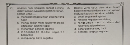 Analisis hasil kegiatan sangat penting 25. Berikut yang harus disertakan dalam
karena untuk dalam laporan evaluasi kegiatan kerajinan, bagian kesímpulan dan saran dari laporan
a.mengidentifikasi jumlah peserta yang a. detail anggaran kegiatan evaluasi kegiatan kerajinan adalah
hadir b. rencana kəgiatan mendatan
b. menilai sejauh mana tujuan yang telah c. rangkuman hasil analisis dan
c. menambah panjang laporan ditetapkan telah tercapai rekomendasi perbaikan
d. menentukan lokasi kegiatan e. deskripsi lengkap kegiatan d. daftar peserta yang hadir
e. mengurangi biaya kegiatan berikutnya