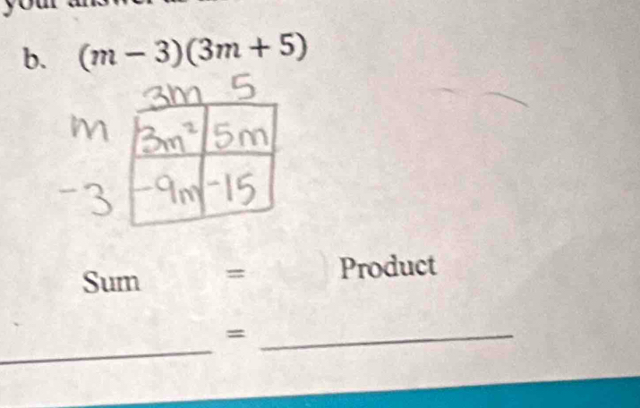 (m-3)(3m+5)
Sum = Product 
_ 
_=