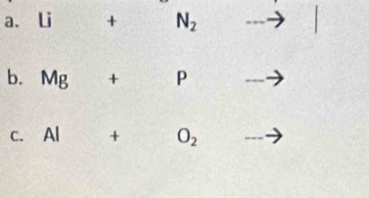 Li + N_2
b. Mg+ P
2 
C. A|+ O_2