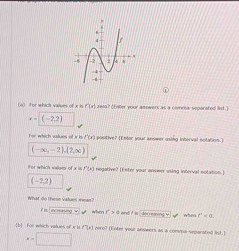 For which values of x is f'(x) zero? (Enter your answers as a comma-separated list.)
x= (-2,2)
For which values of x is f'(x) positive? (Enter your answer using interval notation.)
(-∈fty ,-2),(2,∈fty )
For which values of x is f'(x) negative? (Enter your answer using interval notation.)
(-2,2)
What do these values mean? 
fis increasing when f'>0 and f is decreasing when f'<0</tex>. 
(b) For which values of x is f''(x) zero? (Enter your answers as a comma-separated list.)
x=□