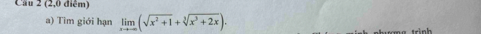 Cầu 2 (2,0 điểm) 
a) Tìm giới hạn limlimits _xto -∈fty (sqrt(x^2+1)+sqrt[3](x^3+2x)). 
trình