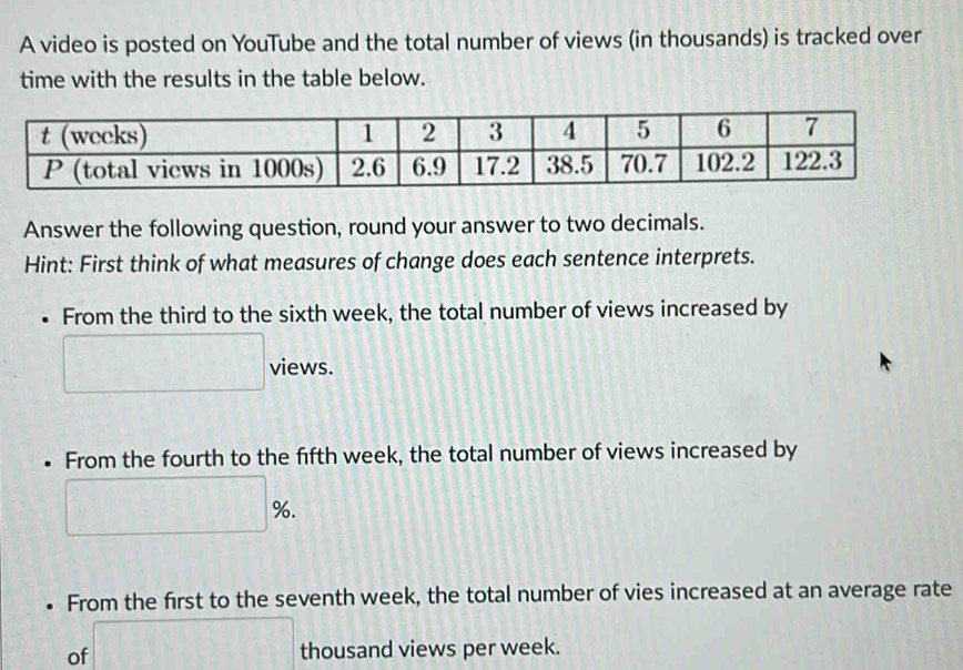 A video is posted on YouTube and the total number of views (in thousands) is tracked over 
time with the results in the table below. 
Answer the following question, round your answer to two decimals. 
Hint: First think of what measures of change does each sentence interprets. 
• From the third to the sixth week, the total number of views increased by 
□ views. 
• From the fourth to the fifth week, the total number of views increased by 
O □ %. 
From the first to the seventh week, the total number of vies increased at an average rate 
of 111111 11, 11 thousand views per week.