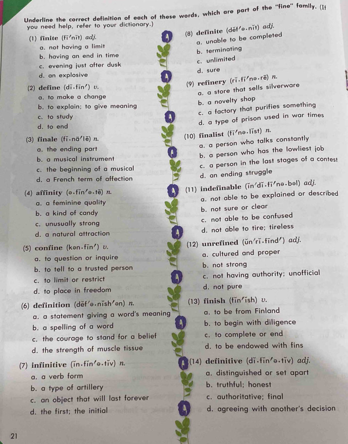 Underline the correct definition of each of these words, which are part of the ''fine'' family. (If
you need help, refer to your dictionary.)
(1) finite (fī nīt) adj.
4 (8) definite (děf .nǐt) adj.
a. unable to be completed
a. not having a limit
b. having an end in time b. terminating
c. unlimited
c. evening just after dusk
d. an explosive d. sure
(2) define (dǐ fīn') v.
(9) refinery (rǐ.fīnə.ɾē) π.
a. a store that sells silverware
a. to make a change
b. a novelty shop
b. to explain; to give meaning
c. a factory that purifies something
c. to study
d. a type of prison used in war times
d. to end
(3) finale (fǐ nä lē) n.
(10) finalist (fī nə.lǐst) n.
a. a person who talks constantly
a. the ending part
b. a person who has the lowliest job
b. a musical instrument
c. the beginning of a musical c. a person in the last stages of a contest
d. a French term of affection d. an ending struggle
(4) affinity (ə.fǐn ə.tē) n. (11) indefinable (ǐn dǐ.fĩ'nə.bəl) adj.
a. a feminine quality a. not able to be explained or described
b. a kind of candy b. not sure or clear
c. unusually strong c. not able to be confused
d. a natural attraction d. not able to tire; tireless
(5) confine (kən⋅fīn') v. (12) unrefined (ŭn ɾǐ fīnd') adj.
a. to question or inquire a. cultured and proper
b. to tell to a trusted person b. not strong
c. to limit or restrict c. not having authority; unofficial
d. to place in freedom d. not pure
(6) definition (děf'ə.nǐsh'ən) π. (13) finish (fǐn ĭsh) v.
a. a statement giving a word's meaning a. to be from Finland
b. a spelling of a word b. to begin with diligence
c. the courage to stand for a belief c. to complete or end
d. the strength of muscle tissue d. to be endowed with fins
(7) infinitive (in.fǐn'ə.tǐv) n. (14) definitive (dǐ.fǐn ə.tǐv) adj.
a. a verb form a. distinguished or set apart
b. a type of artillery b. truthful; honest
c. an object that will last forever c. authoritative; final
d. the first; the initial d. agreeing with another's decision
21