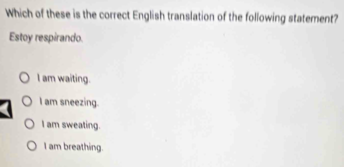 Which of these is the correct English translation of the following statement?
Estoy respirando.
I am waiting.
I am sneezing.
I am sweating.
I am breathing.