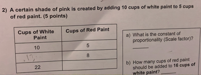 A certain shade of pink is created by adding 10 cups of white paint to 5 cups 
of red paint. (5 points) 
a) What is the constant of 
proportionality (Scale factor)? 
_ 
b) How many cups of red paint 
should be added to 16 cups of 
white paint?_