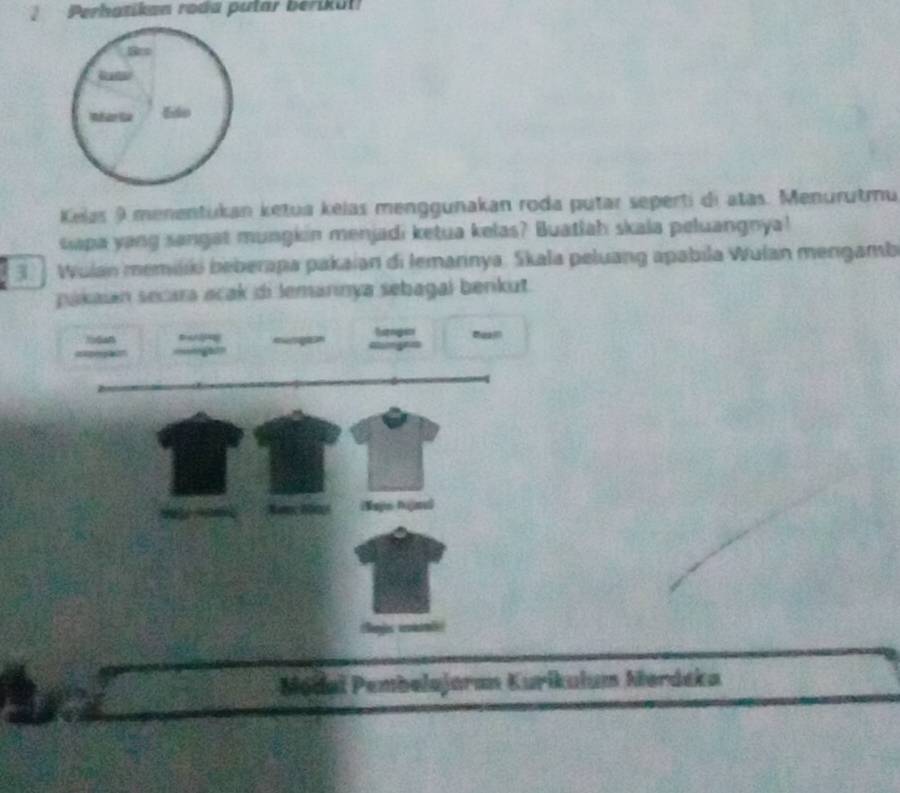 ? Perhatikan roda pular berikut! 
Kelas 9menentukan ketua kelas menggunakan roda putar seperti di atas. Menurutmu 
sapa yang sangat mungkin menjadi ketua kelas? Buatlah skala peluangnya! 
3 Wulan memiliki beberapa pakaian di Iemarnya. Skala peluang apabila Wulan mengamb 
pakaian secara acak di lemannya sebagal benkut. 
Tstngio mean 
K S 
Módaï Pembelajaran Kurikulum Merdeka