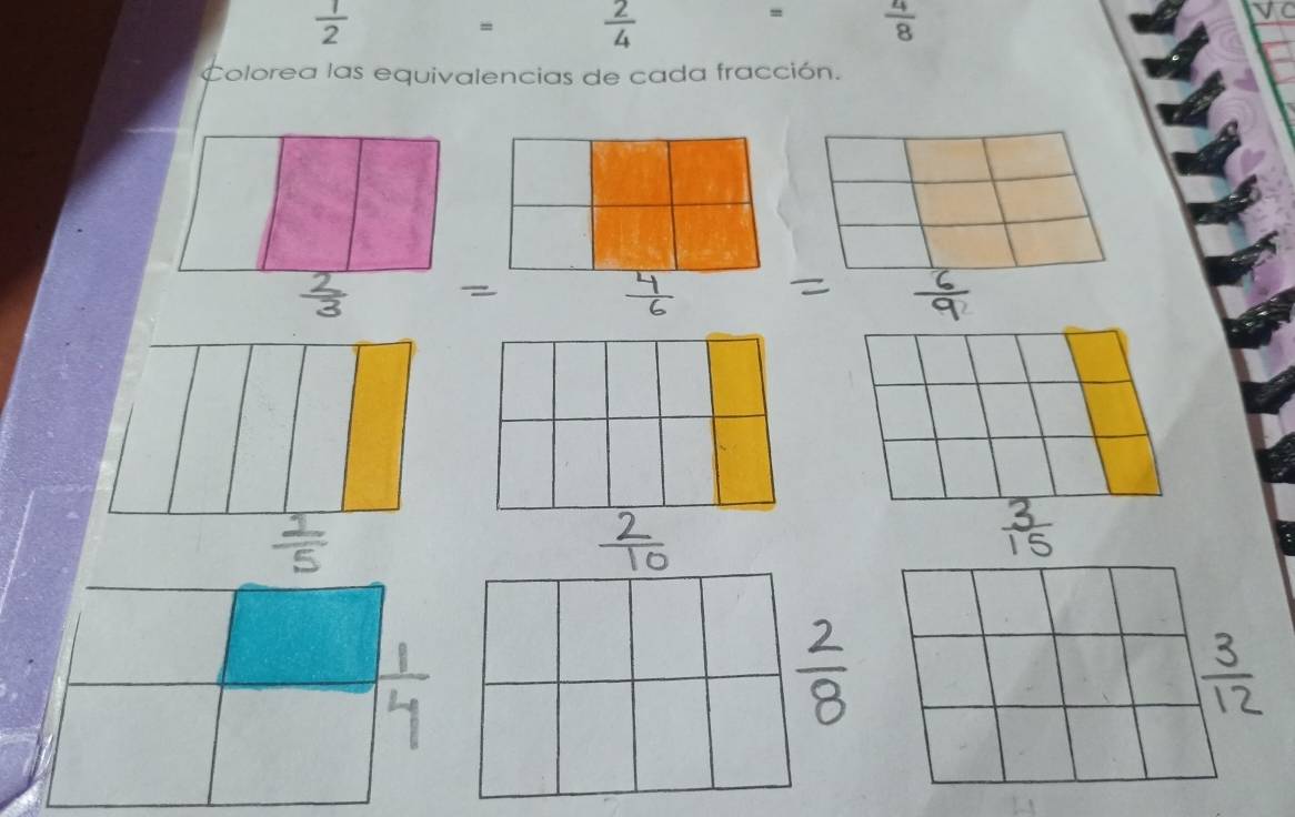  1/2 
=  2/4 
=  4/8 
Colorea las equivalencias de cada fracción. 
I