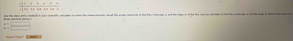 underline : _  
y 5.94.2  (45.6)/3.53.6.3 
Use the data entry method in your scientific calculator to enter the measurements. Recall the proper memories to find the y-intercept, a, and the slope, b, of the line. Use you calculator to find the y -intercipt, a, and te sle ld w 
three decimal places.)
a=□
b=□
Need Halp? Pood is