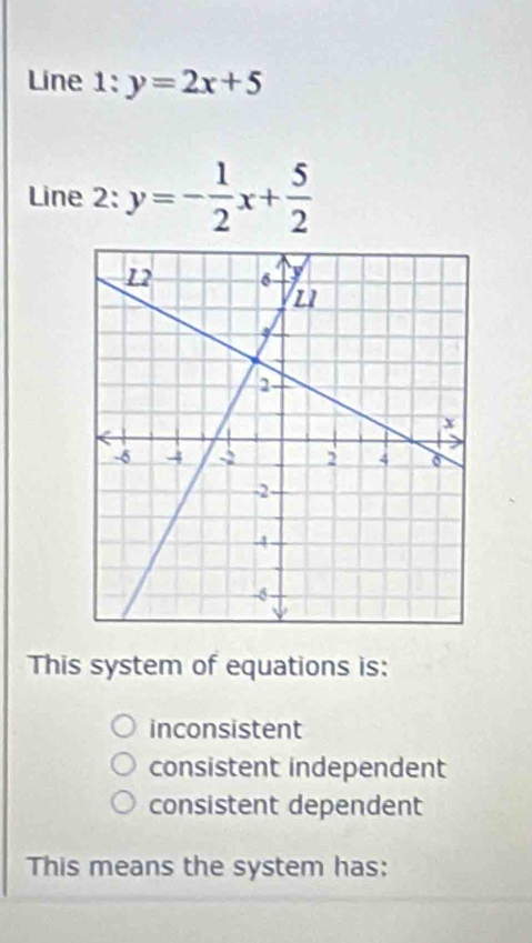 Line 1: y=2x+5
Line 2: y=- 1/2 x+ 5/2 
This system of equations is:
inconsistent
consistent independent
consistent dependent
This means the system has: