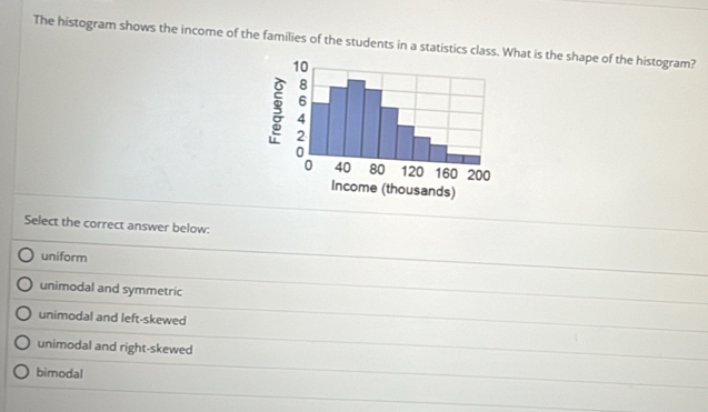 The histogram shows the income of the families of the students in a statistics hat is the shape of the histogram?
Select the correct answer below:
uniform
unimodal and symmetric
unimodal and left-skewed
unimodal and right-skewed
bimodal