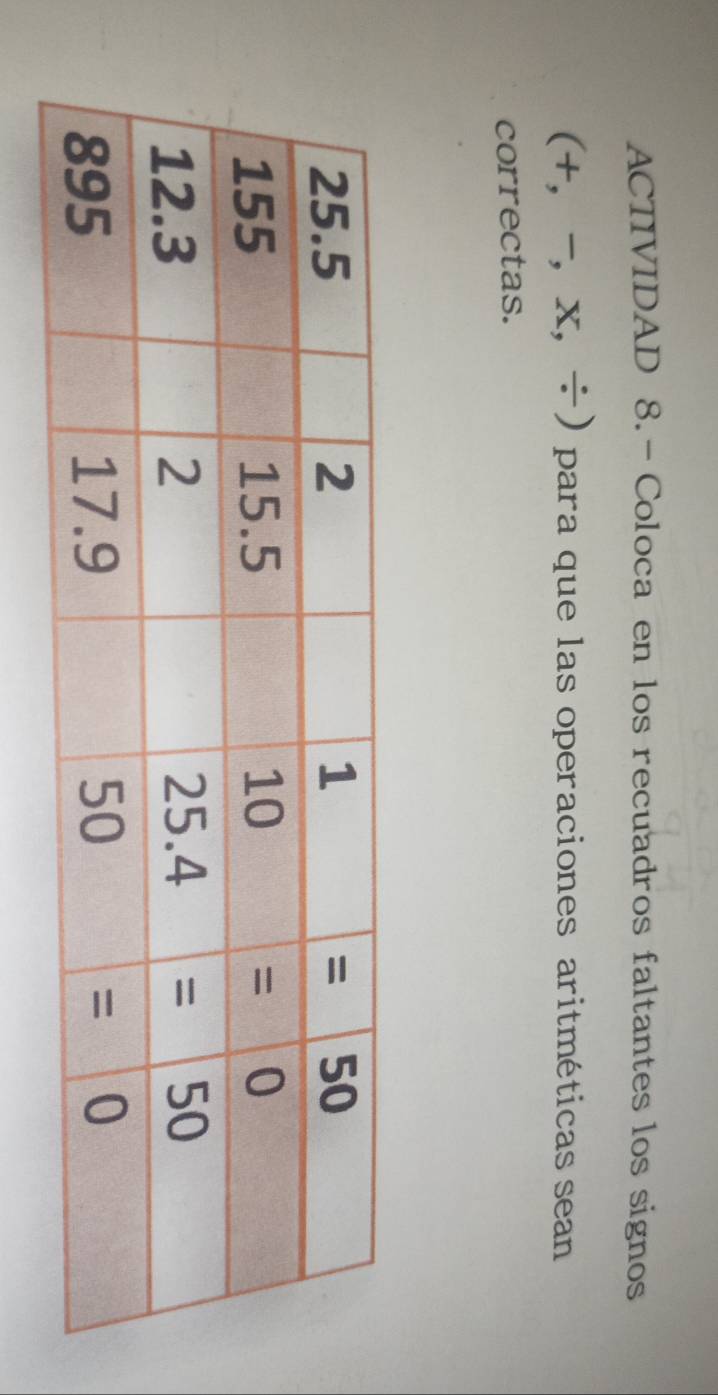 ACTIVIDAD 8.- Coloca en los recuadros faltantes los signos
(+,-,* ,/ ) para que las operaciones aritméticas sean
correctas.