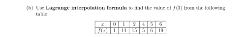 Use Lagrange interpolation formula to find the value of f(3) from the following
table: