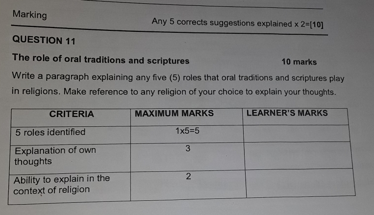 Marking Any 5 corrects suggestions explained * 2=[10]
QUESTION 11
The role of oral traditions and scriptures 10 marks
Write a paragraph explaining any five (5) roles that oral traditions and scriptures play
in religions. Make reference to any religion of your choice to explain your thoughts.