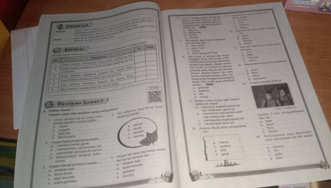 DRICKS
a saro7A l kaco
Glosarium
      
Sefagen    h 12. Tste ries tan dsasuaean dengan
a tema
a. seudwm
* Tte polatah plat muth tradisional    
a simbul
S 13 Tata ras waush peman lama ksatria
benkssan
c Papua d. Nusa Tenggara Twnur
B. Alat musk wú berasal dari Nusa
s rupew an
14. Hias katakter buring marak bertera
dengan cara dipetik. SBagan utama d. saram
alat musik ini berbentuk tabung 
panjang yang terbuar dani bambu a fauna
khusus. Bagian bawah dan atas b fiors
hambu terdapat tempat untuk me--
c toksh
masang dan mengatur kencangoy 
dawai. Alat musik yang dimaksud d. tumbuban
15. Amatilah gambar berikut!
adalah ....
a gamelan b sasando
c tda
d calung
Penilaian Sumatif
9. Berikut bukan fungsi tata busana
dalam tan adalah
lam melakukan gerak tan
Pilihlah salah satu jawaban yang paling benar! n membantu ekspresi penan da
4 Tari tradisional yang diringi musik
A Pilihan Ganda
Gambar di atas menggambarkan Sumber mentva son
T. Unsur pendukung tan yang mem adalah b. memberikan nilai tambah pada
segi estetika dan etika tata rias
bentuk karakter penan adalah
b. propertic. meningkatkan kepercayaan din
a. musik
d. memperjelas tema tan
10. Busana dibuat untuk memperjetas a. fabel b. tokoh
d. tata busana c. tata riastari
d. fantasi
16. Perlengkapan yang diperlukan
2. Fungsi musik pengiring tari adalah ... c. flors
untuk pementasan tari lilin adalah
a memberi irama gerak
b. memeriahkan pertunjukan tan
c. sifat a. payung
d menyamakan langkah antar-a makna b. karakter
c. menambah percaya dir penari
5 Iringan tani yang digunak
c. gada
d keris
3. Iringan internal tari kreasi adalah d. gerak b. lilin
penari
tari saman berasal dari
a. entakan kaki
b. suara manusia a. entakan kaki
d seruling c gamelan
b. bunyi drum
d. suara gameian c. tape recorder