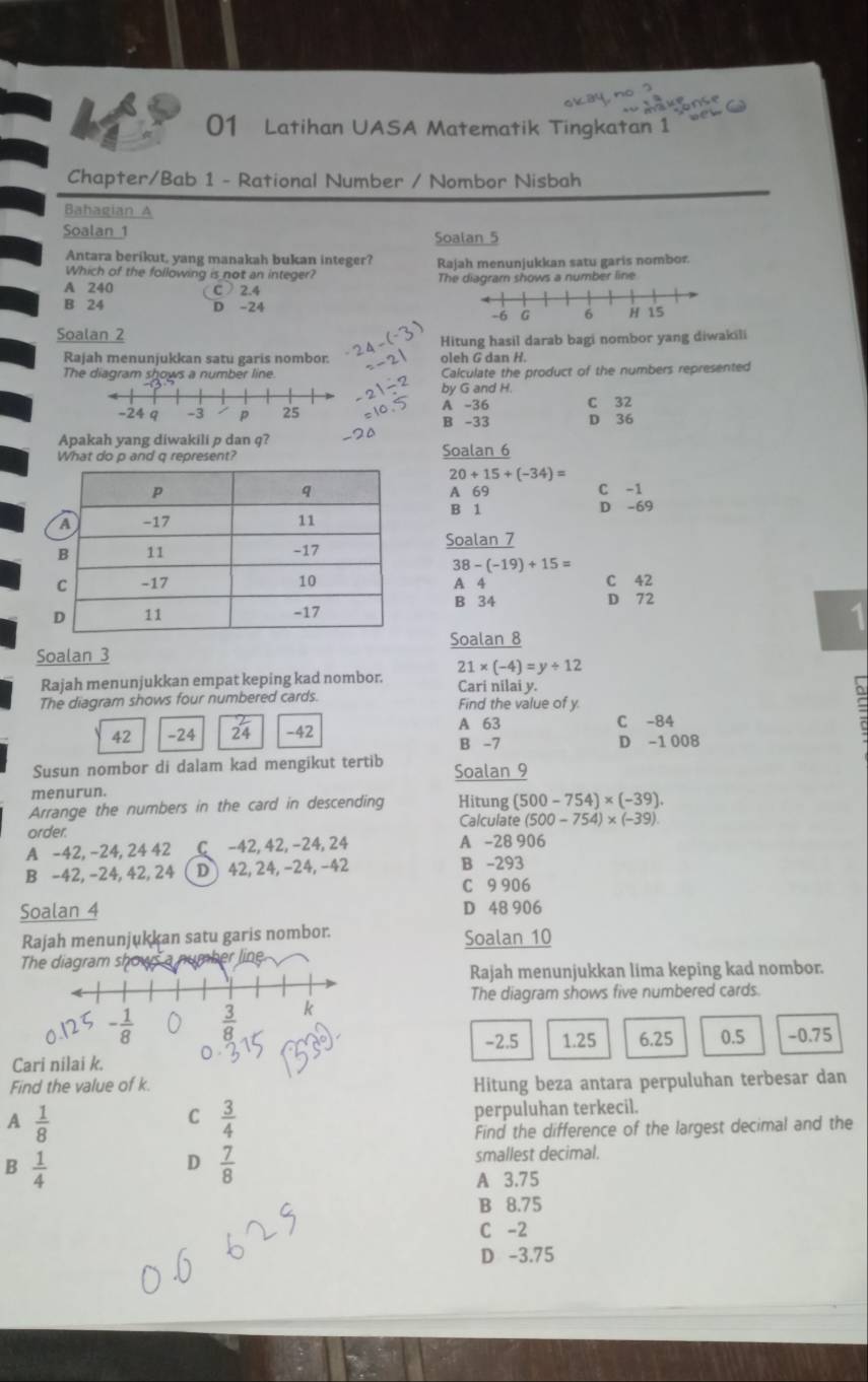 Selesai:Latihan UASA Matematik Tingkatan 1 Chapter/Bab 1 - Rational ...
