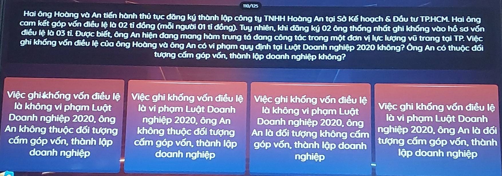 110/125
Hai ông Hoàng và An tiến hành thủ tục đăng ký thành lập công ty TNHH Hoàng An tại Sở Kế hoạch & Đầu tư TPHCM. Hai ông
cam kết góp vốn điều lệ là 02 tỉ đồng (mỗi người 01 tỉ đồng). Tuy nhiên, khi đăng ký 02 ông thống nhất ghi khống vào hồ sơ vốn
điều lệ là 03 tỉ. Được biết, ông An hiện đang mang hàm trung tả đang công tác trong một đơn vị lực lượng vũ trang tại TP. Việc
ghi khống vốn điều lệ của ông Hoàng và ông An có vi phạm quy định tại Luật Doanh nghiệp 2020 không? Ông An có thuộc đối
tượng cấm góp vốn, thành lập doanh nghiệp không?
Việc ghi khống vốn điều lệ Việc ghi khống vốn điều lệ Việc ghi khống vốn điều lệ Việc ghi khống vốn điều lệ
là không vi phạm Luật là vi phạm Luật Doanh là không vi phạm Luật
là vi phạm Luật Doanh
Doanh nghiệp 2020, ông nghiệp 2020, ông An Doanh nghiệp 2020, ông nghiệp 2020, ông An là đối
An không thuộc đối tượng không thuộc đối tượng An là đối tượng không cấm tượng cấm góp vốn, thành
cấm góp vốn, thành lập cấm góp vốn, thành lập góp vốn, thành lập doanh
doanh nghiệp doanh nghiệp lập doanh nghiệp
nghiệp