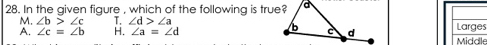 In the given figure , which of the following is true?
M. ∠ b>∠ c T. ∠ d>∠ a
A. ∠ c=∠ b H. ∠ a=∠ d Midäle Larges