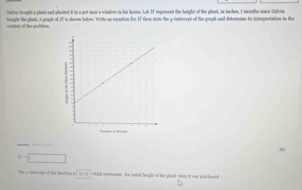 Dalum bought a plant and planted it in a pot near a window in his house. Let H represent the height of the plant, in inches, t months since Dalvin 
bought the plant. A gruph of H is shown below. Write an equation for H then state the y-intercept of the graph and determine its interpretation in the 
contest of the problem. 
_ 
_ 
IIl- 1 
The g-anoept of the function is (0.3) which represents the initial height of the plant when it was purchased