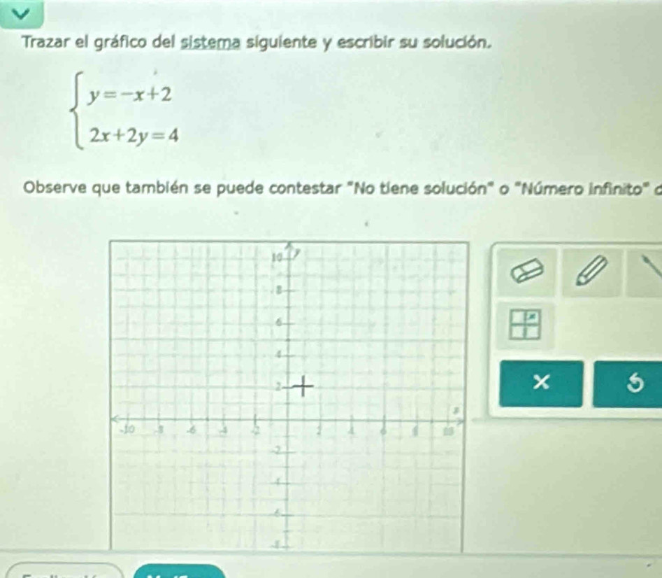 Trazar el gráfico del sistema siguiente y escribir su solución.
beginarrayl y=-x+2 2x+2y=4endarray.
Observe que también se puede contestar "No tiene solución" o "Número infinito" o 
frac  □ 
x