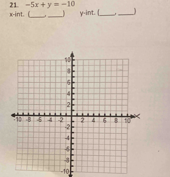 -5x+y=-10
x -int. (_ J _) y -int. (_ J_ )
-10