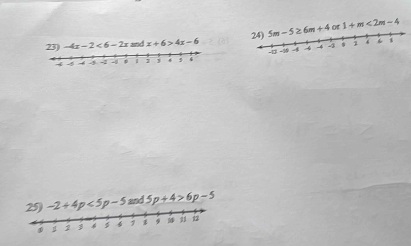-4x-2<6-2x</tex> and x/ 6>4x-6 5m-5≥ 6m+4or1+m<2m-4</tex>
-2+4p<5p-5</tex> and 5p+4>6p-5