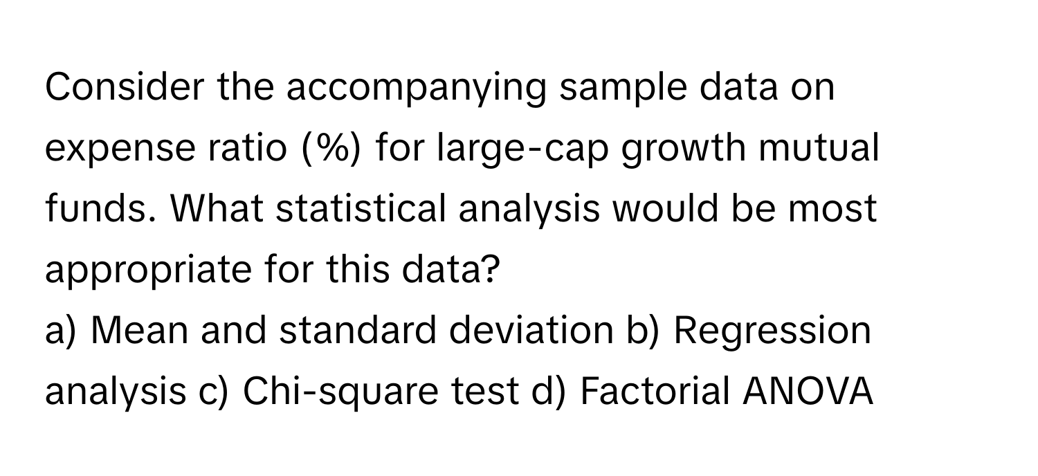 Consider the accompanying sample data on expense ratio (%) for large-cap growth mutual funds. What statistical analysis would be most appropriate for this data?

a) Mean and standard deviation b) Regression analysis c) Chi-square test d) Factorial ANOVA