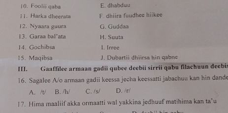 Foolii qaba E. dhabduu
11. Harka dheerata F. dhiira fuudhee hiikee
12. Nyaara guura G. Guddaa
13. Garaa bal’ata H. Suuta
14. Gochibsa ]. Irree
15. Maqibsa J. Dubartii dhiirsa hin qabne
III. Gaaffilee armaan gadii qubee deebii sirrii qabu filachuun deebis
16. Sagalee A/o armaan gadii keessa jecha keessatti jabachuu kan hin dande
A. /t/ B. /h/ C. /s/ D. /r/
17. Hima maaliif akka ormaatti wal yakkina jedhuuf matihima kan ta*u